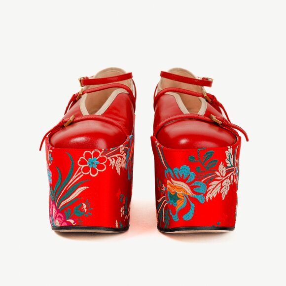 Gucci Hibiscus Red Malaga Kid Silk Hannelore Detachable Platform Slide - Picture 2 of 13